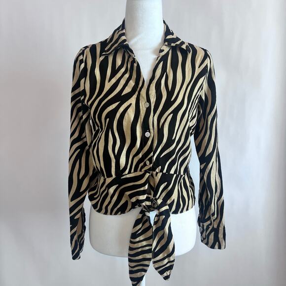 RACHEL ZOE ANIMAL PRINT RETRO 90'S TIE AT THE WAIST LONG SLEEVE BLOUSE SIZE MED - Picture 1 of 11